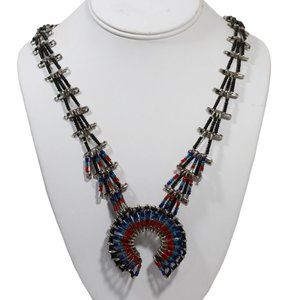 Vintage Handmade Native Squash Blossom Necklace Safety Pins Blue-Red-Black